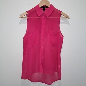 Y2K Hot Pink Sheer Sleeveless Button-Up Streetwear Indie Top Womens Small
